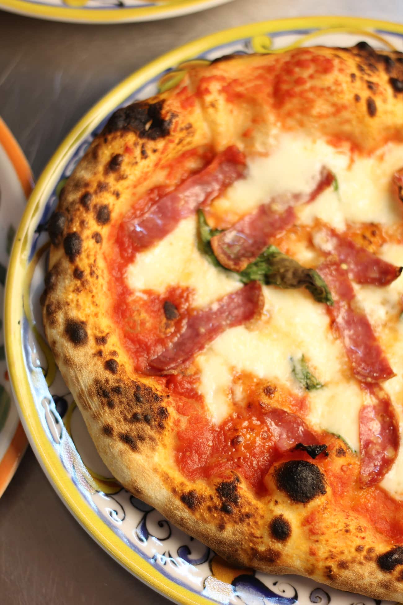 Artisan Pizza mit Salami und geflecktem Rand